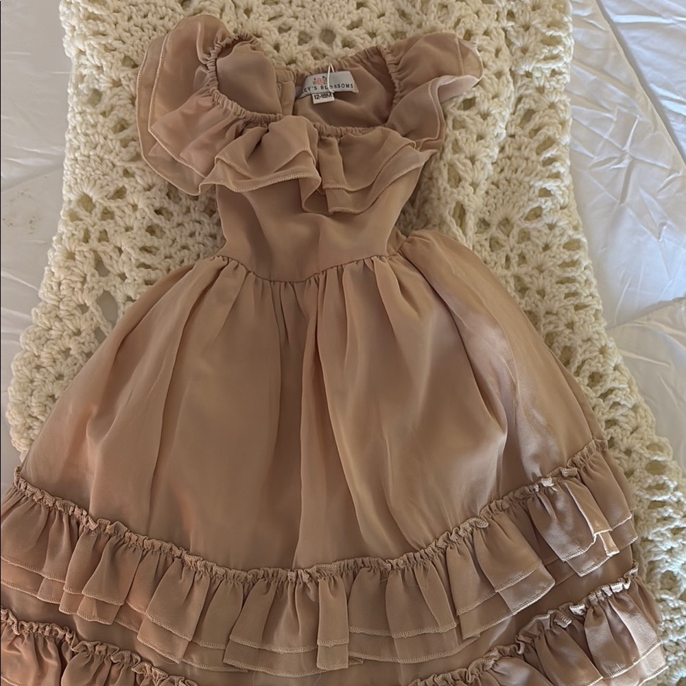 Elegant Ruffled Kids Dress in Tan